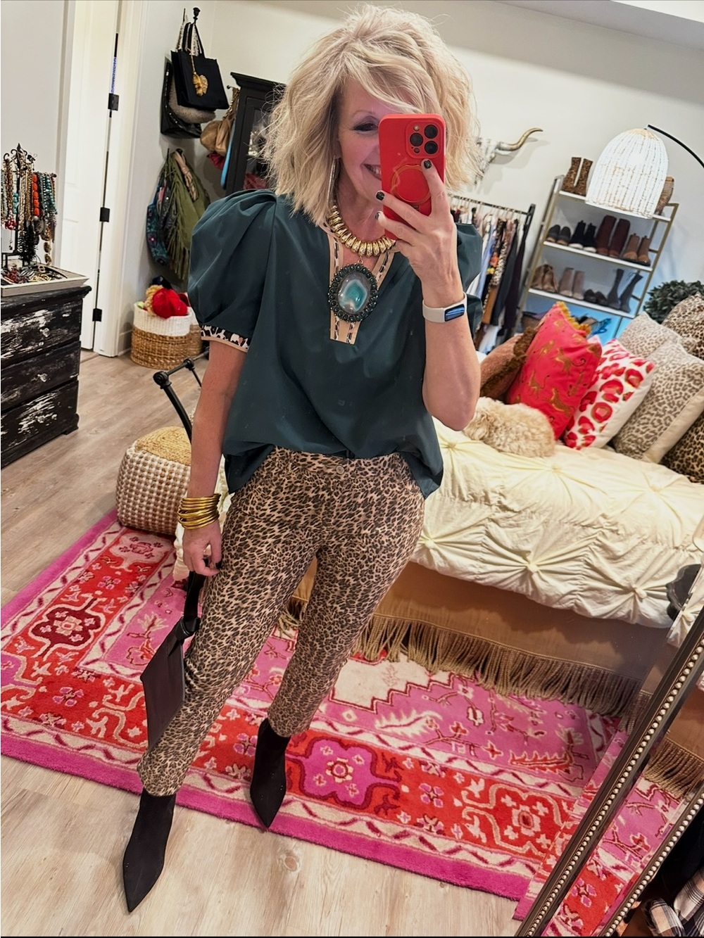 Dark Green/Leopard Print Blouse